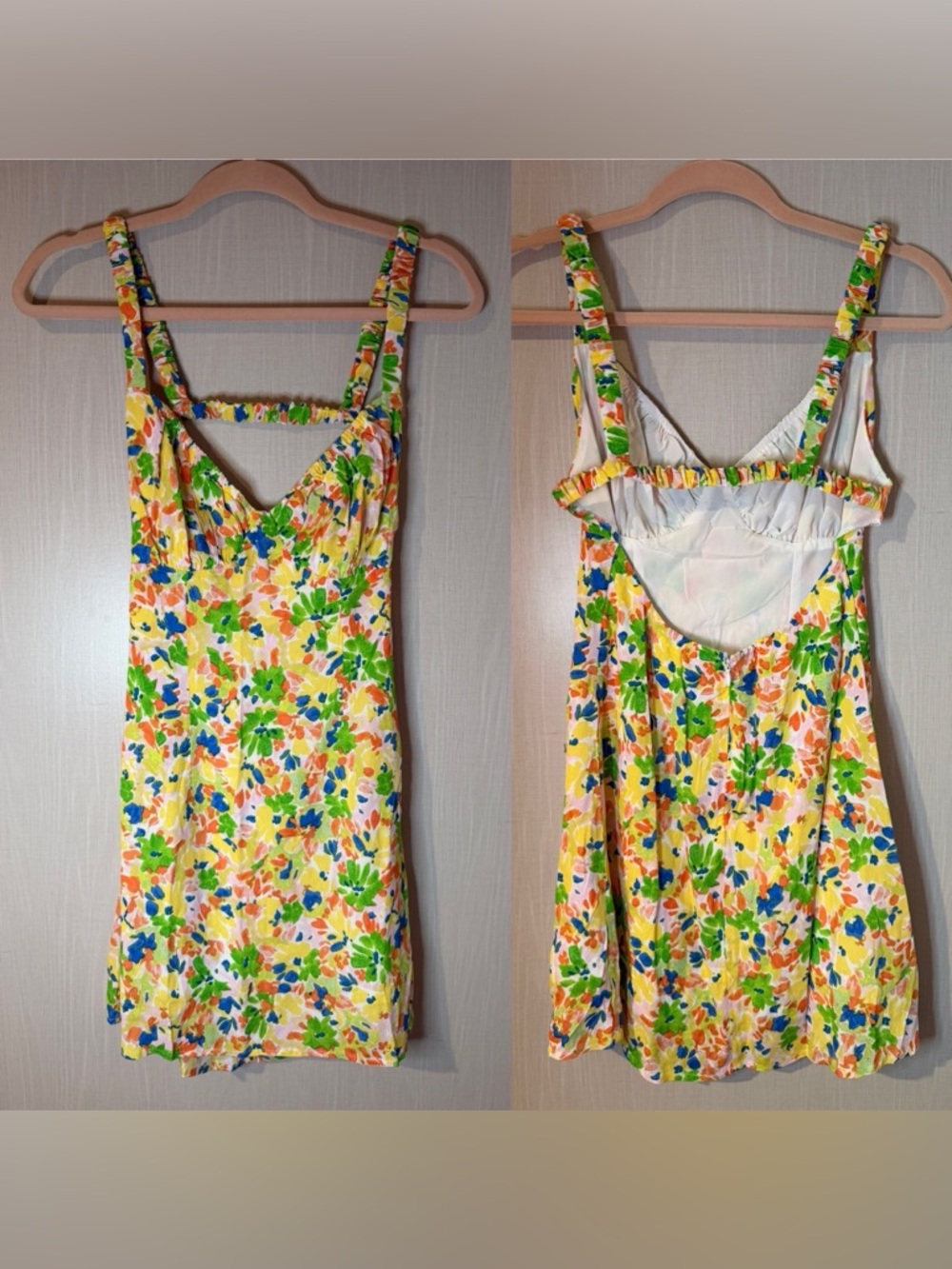 Sky To Moon Floral Print Yellow Cut Out Back Sun Dress with Straps Medium